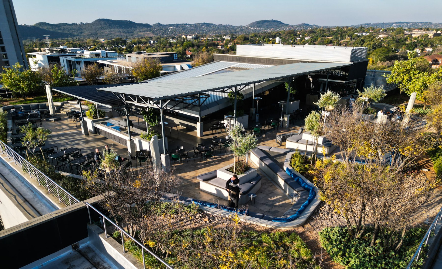 Aerial view of the Ocasa rooftop terrace at Menlyn Maine
